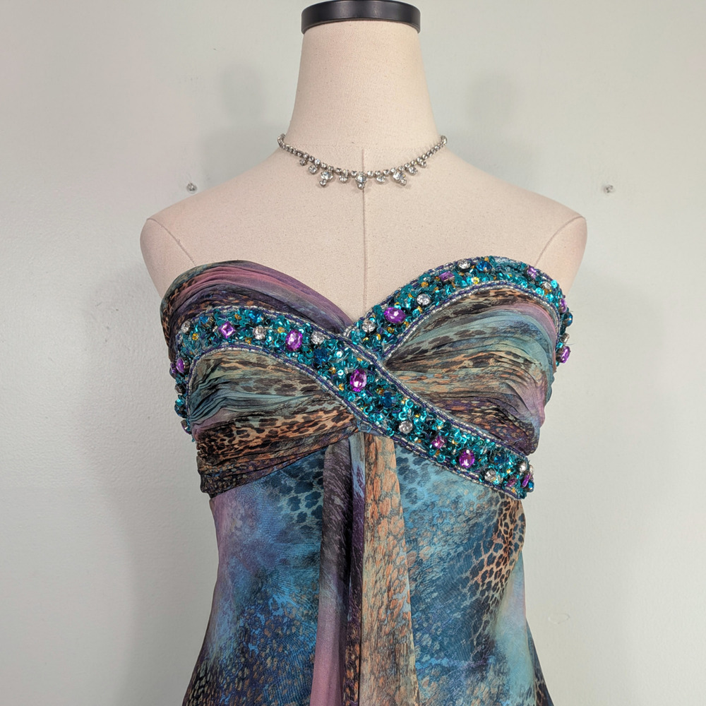 Y2K Sherri Hill Prom Dress Knee Gown 6 Purple Multi Leopard Hoco Fairy Babydoll - Picture 7 of 15